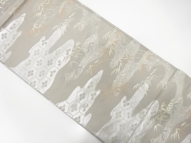 アンティーク　霞に流水・笹模様織出し袋帯（着用可）